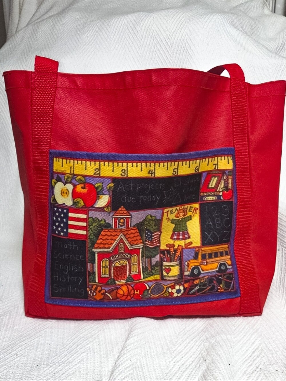 Vintage School Teacher Tote Bag Red Canvas Front Pocket Gregg Back to School